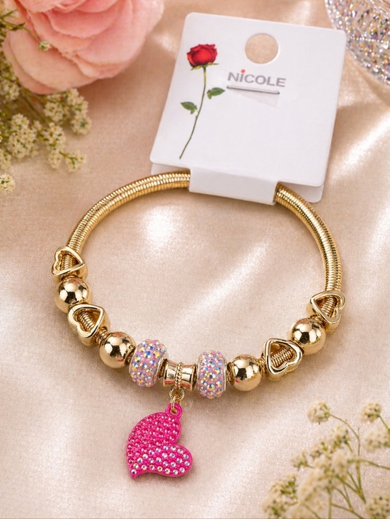 Nicole Jewelry - Gold Charm Bracelet | Hot Pink Rhinestone Heart Bracelet